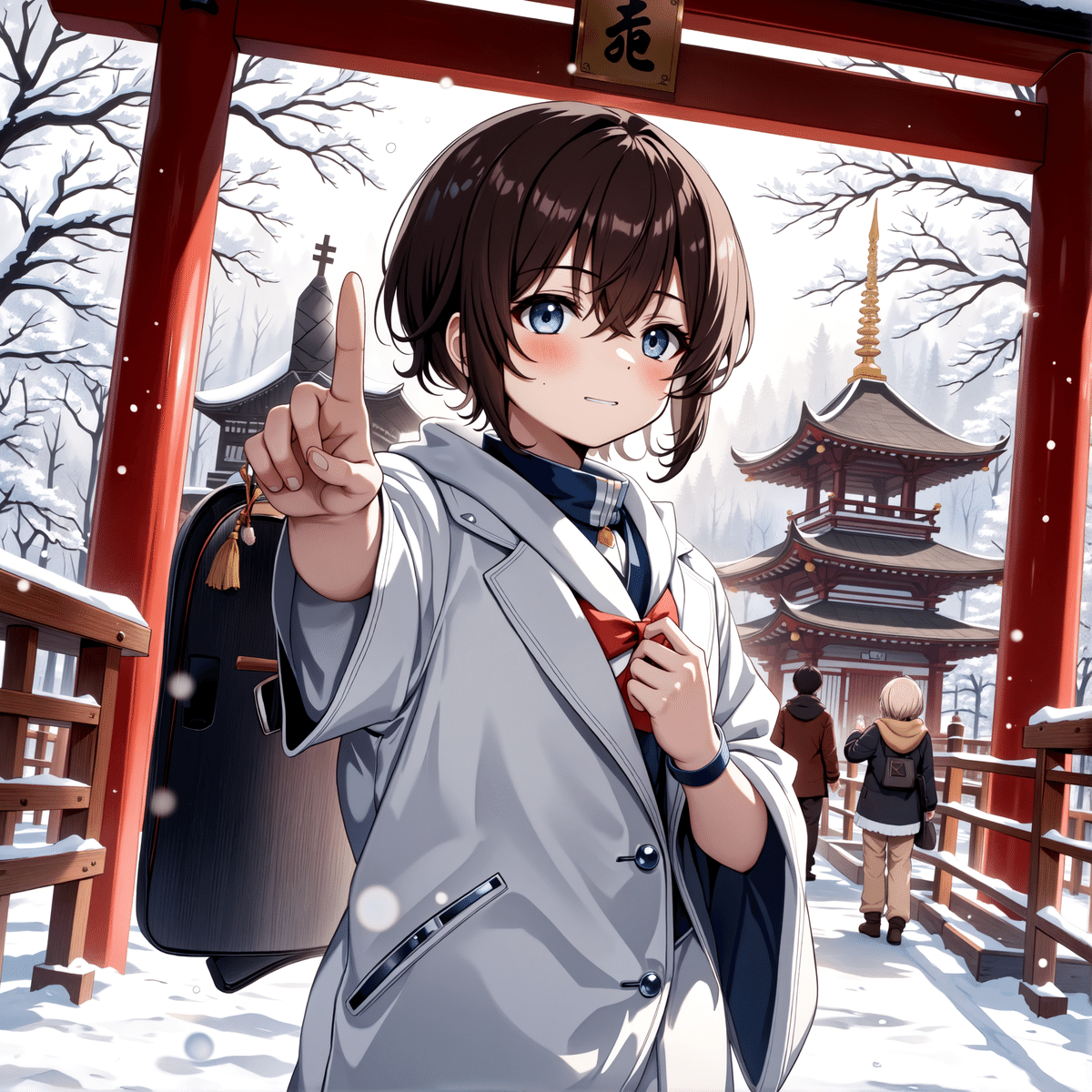 A young woman with short brown hair and blue eyes dressed in a white coat and red tie stands in a traditional japanese setting with a red torii gate pointing upwards surrounded by snow