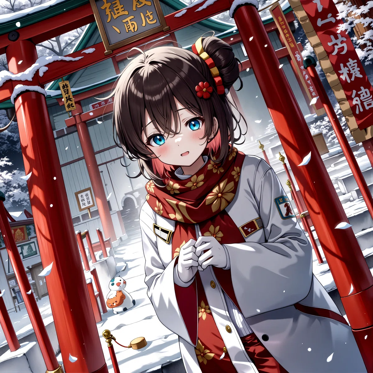 An animated female character stands before a traditional japanese torii gate amidst a snowy landscape wearing a white coat and red scarf  she gazes thoughtfully