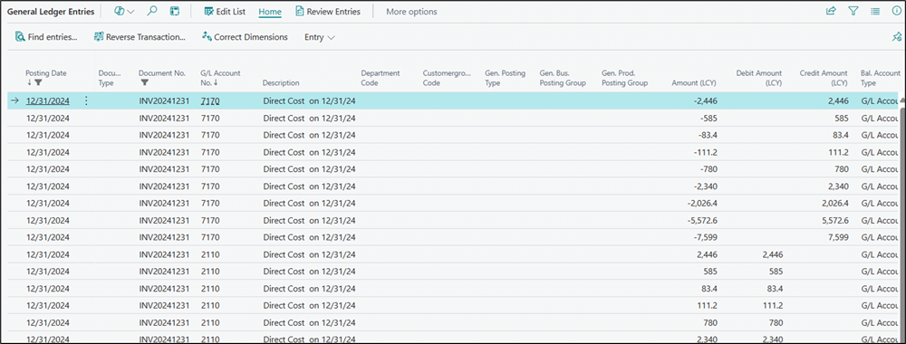 Item Entries in General Ledger Entries on Business Central