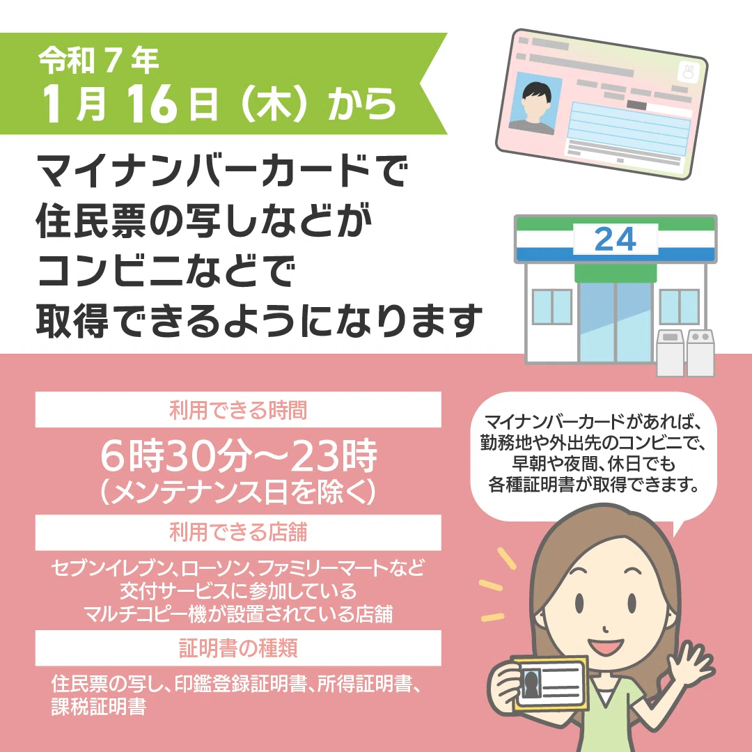 令和7年1月16日からマイナンバーカードで住民票の写しなどが