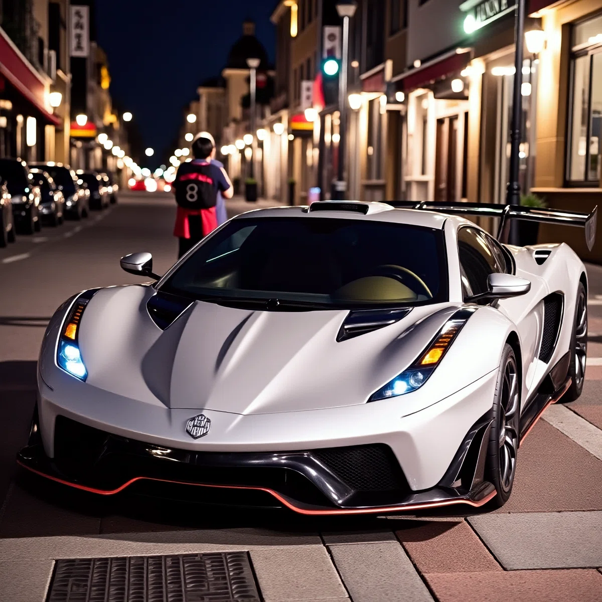 a white sports car is parked on a street at night with a person walking by in the background the car has a sleek design with a prominent front grille round headlights