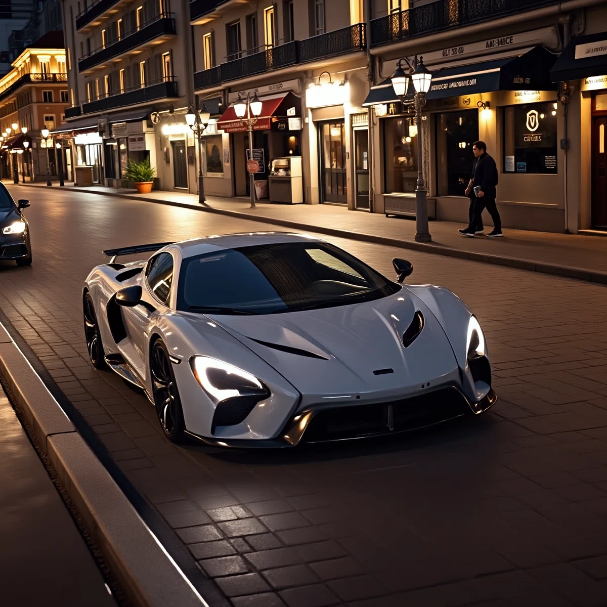 a white sports car is parked on a city street at night the car is positioned on the left side of the image with its headlights on casting a warm glow on the pavement the street