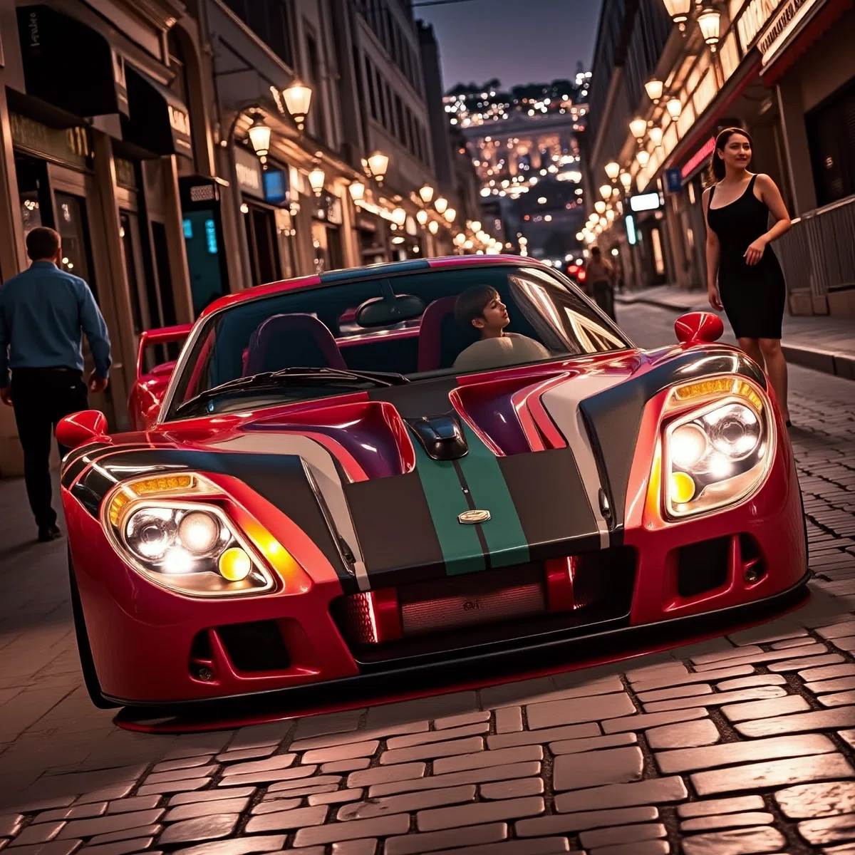 a red sports car with a british flag design is parked on a cobblestone street at night with a man walking away and a woman in a black dress nearby the cars headlights are illuminated cast