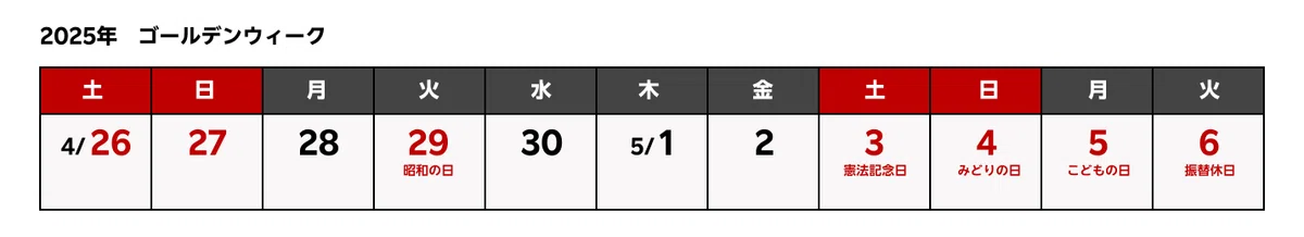 2025年祝日カレンダーGW