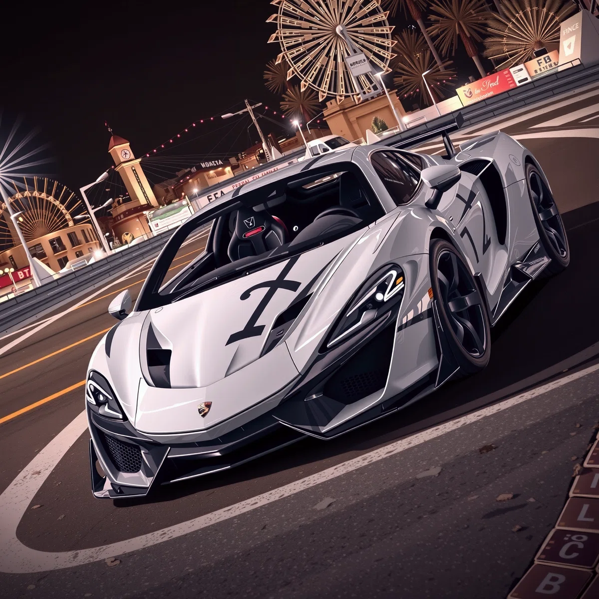 a silver sports car with the number1on its side is parked on a circular track at night with a city skyline and a ferris wheel in the background bathed in the warm glow of the setting