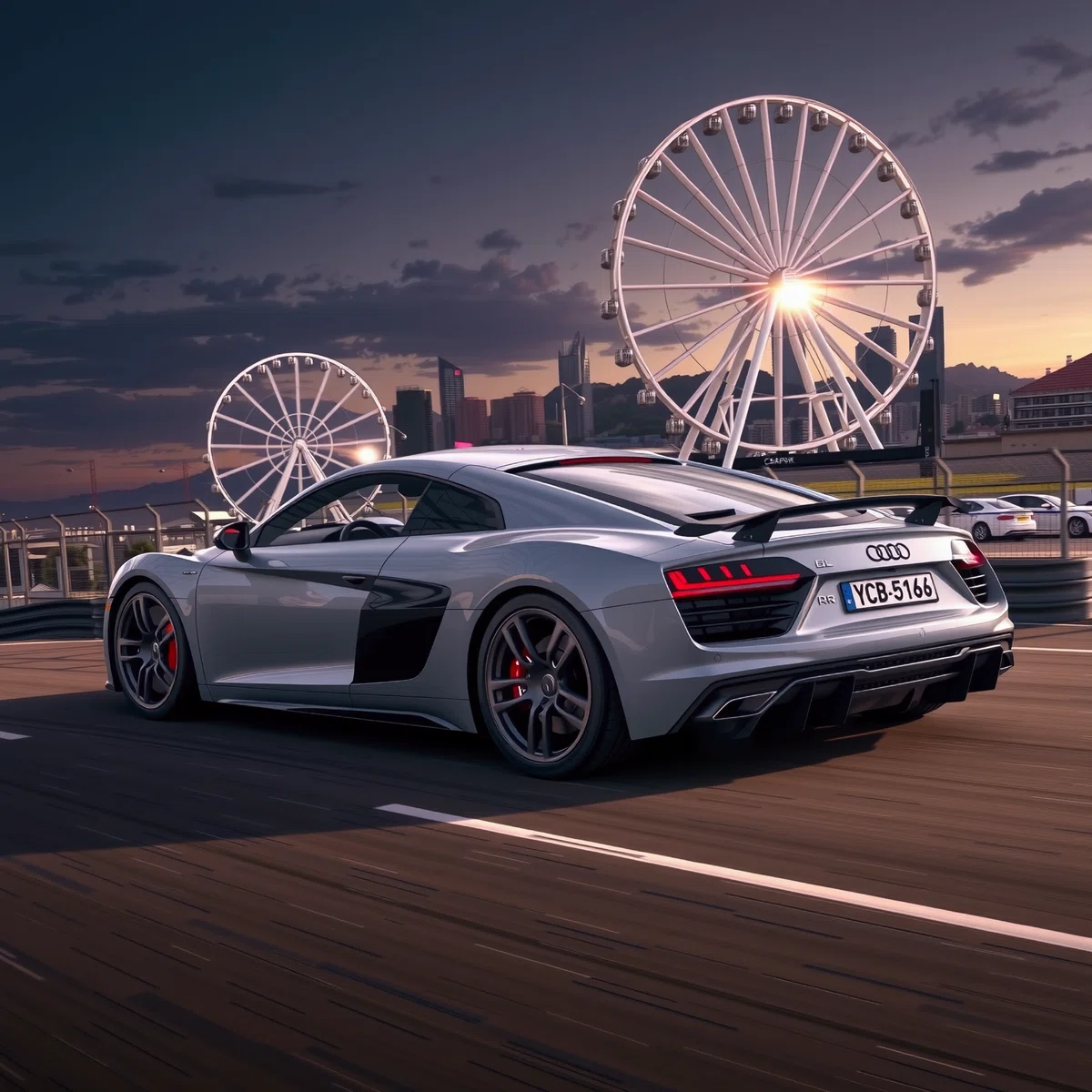 a silver sports car is speeding on a racetrack with a city skyline in the background the car has a sleek design with a low profile a distinctive rear spoiler