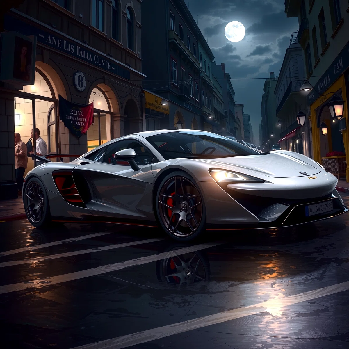 a silver sports car is parked on a wet street at night with a full moon in the background the car is positioned on the left side of the image and the street is illuminated by streetlight