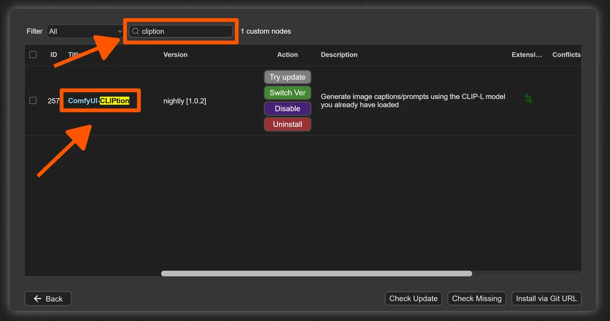 Screenshot of the cliption selection screen of the custom node of comfyui manager with comment
