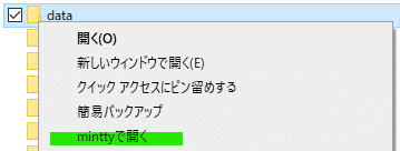 フォルダの右クリックメニューに追加される「mintty で開く」の画面
