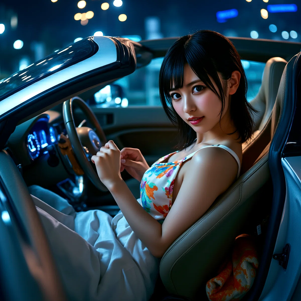 a young woman with dark hair sits in a modern car wearing a floral top and white pants with a focused expression surrounded by a cityscape at night with neon lights