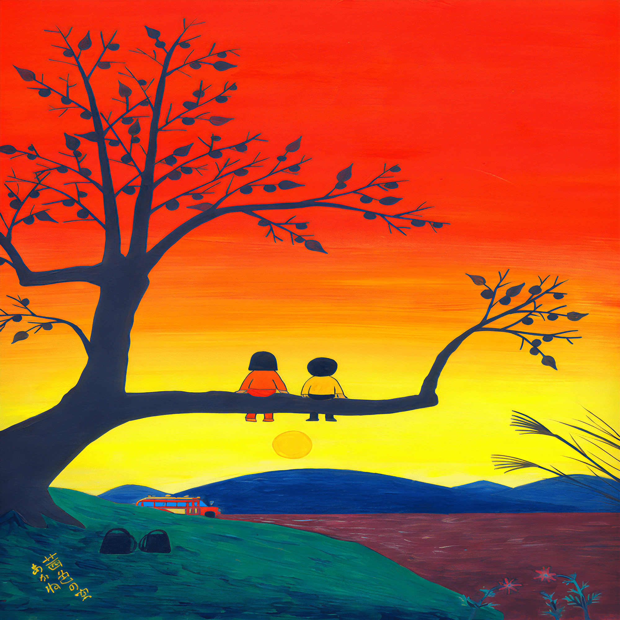 昭和っぽい情景の絵「茜色の空」秋野あかね作 柿の木は折れやすいから