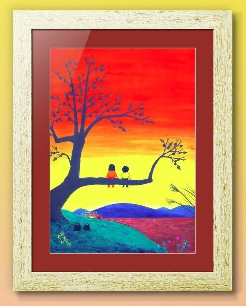 昭和っぽい情景の絵「茜色の空」秋野あかね作 柿の木は折れやすいから