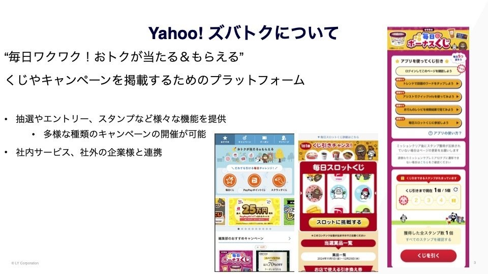 「Yahoo!ズバトク」の紹介。Yahoo!ズバトクについて:毎日ワクワクお得が当たる、もらえる くじやキャンペーンを掲載するためのプラットフォーム
抽選やエントリー、スタンプなど様々な機能を提供。多様な種類のキャンペーンの開催が可能。社内サービス、社外の企業様と連携