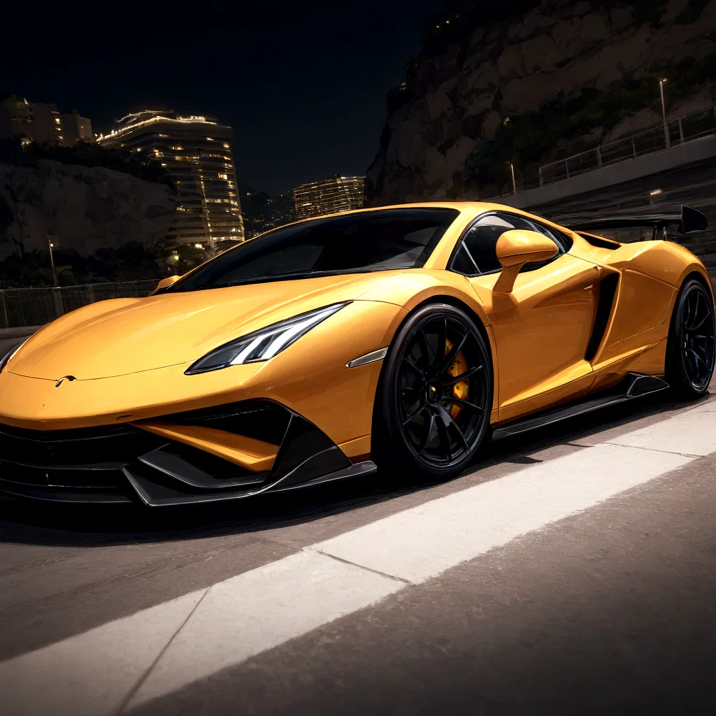 SDXL_Rough_ a gold sports car is parked on a street at night with a cityscape in the background the car has a sleek design with a prominent front grille round headlights and a distinctive front grille