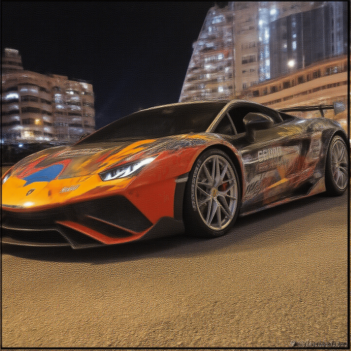 Flux1_Depth_Rough_Image a vibrant multi - colored sports car is parked on a street at night with a cityscape in the background the car has a sleek design with a prominent front grille round headlights