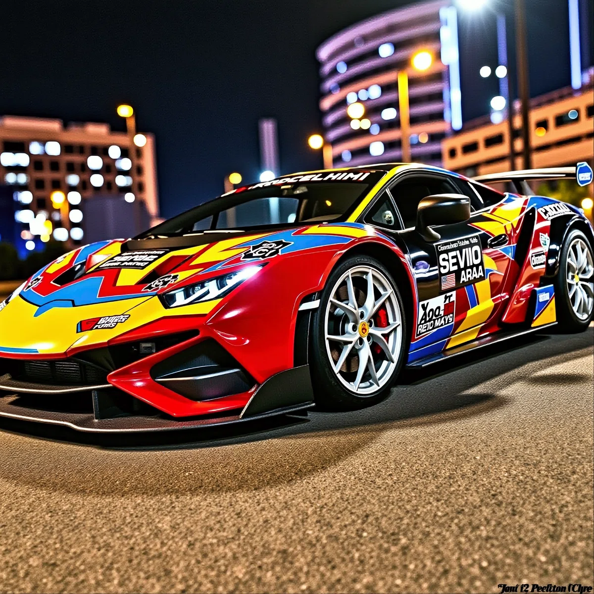 Flux1_hires_ a vibrant multi - colored sports car is parked on a street at night with a cityscape in the background the car has a sleek design with a prominent front grille round headlights