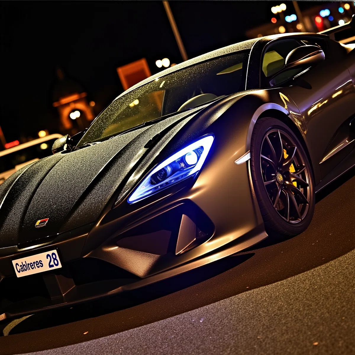 2021 spider is shown at night with its headlights on and the hood up the car is positioned on a street at night with its headlights on casting a warm glow