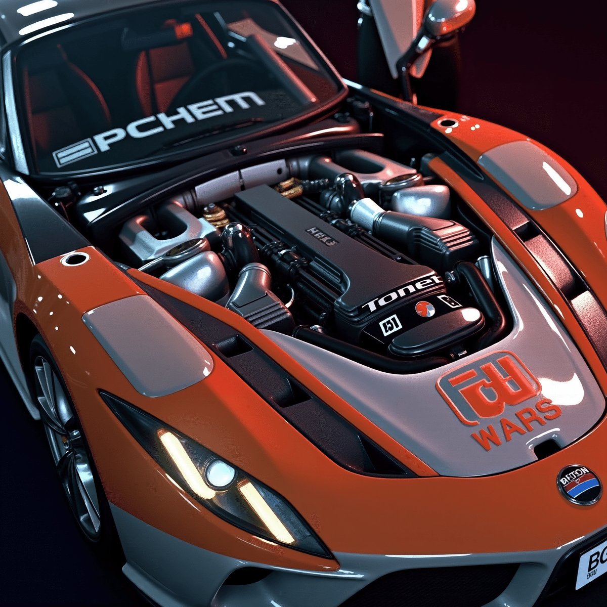 a close - up view of a sleek modern sports car with a open engine