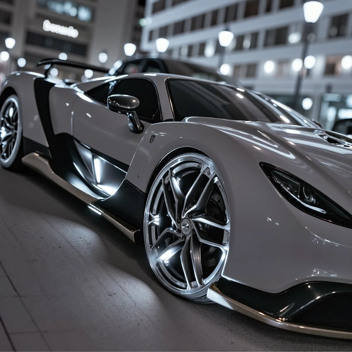 Flux1_hires_ a white sports car with black accents is parked on a city street at night the car has a sleek design with a prominent front grille round headlights and a distinctive front grille