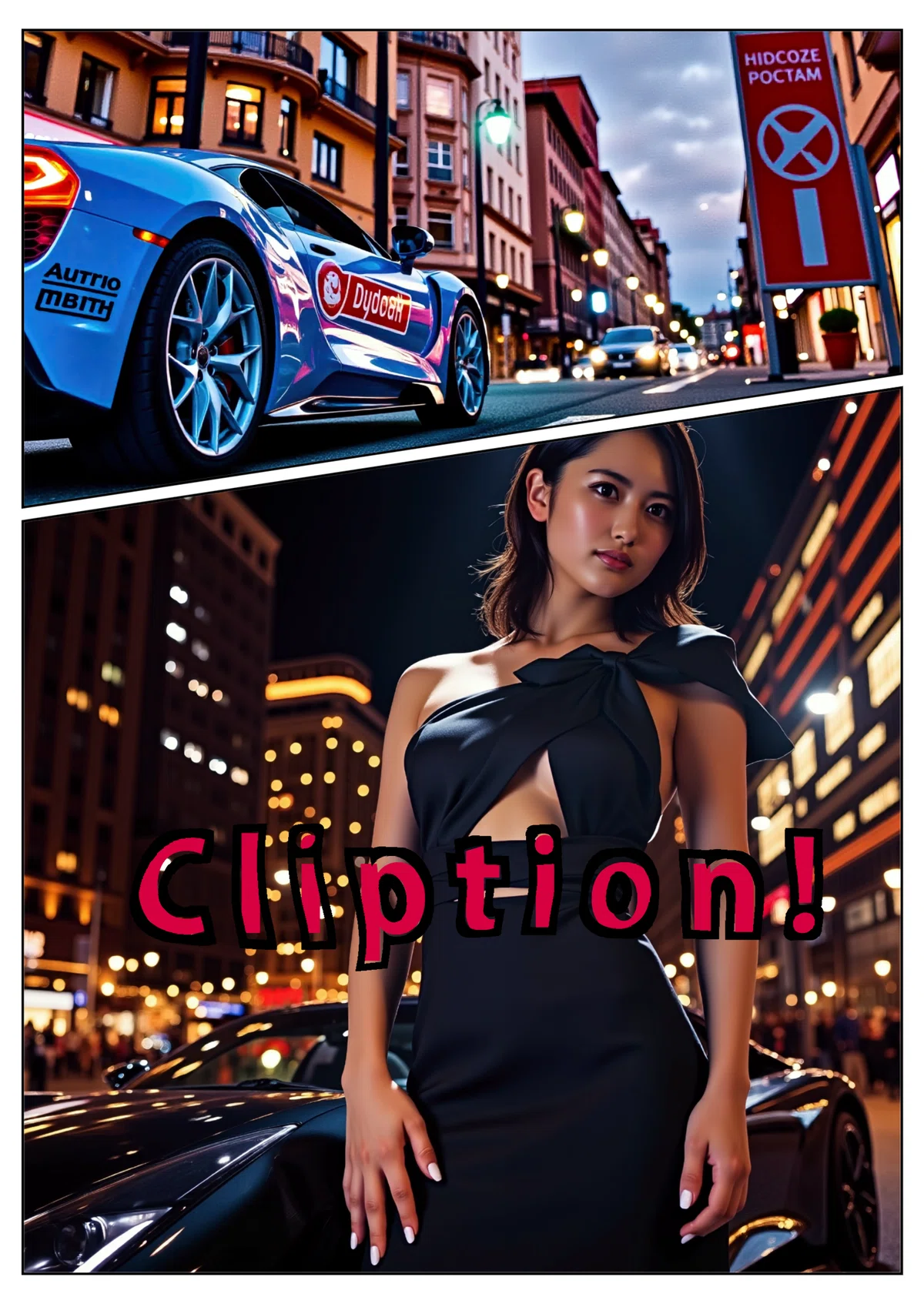 Two photorealistic images introducing Cliption, with an image of a wrapped blue sports car driving around town at the top, and a black sports car, a woman standing in front of it, and the Cliption caption at the bottom