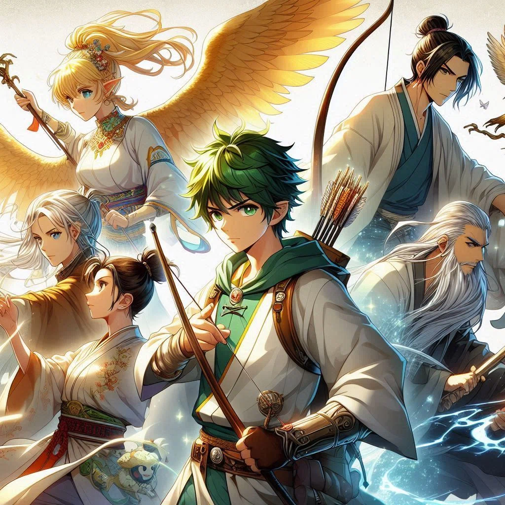 RPGゲーム風のイラスト。センターは緑の髪の10代の男性、弓矢を構えている。メンバーはエルフ、魔法使い、格闘家
