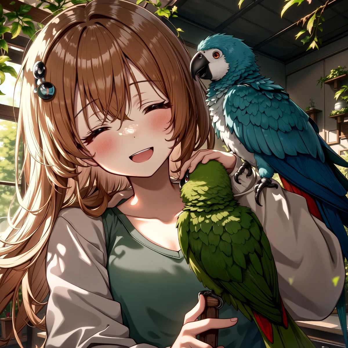 a young woman with brown hair and a blue ribbon holds a vibrant green parrot close to her face surrounded by a serene indoor setting with sunlight plants and a table and a window