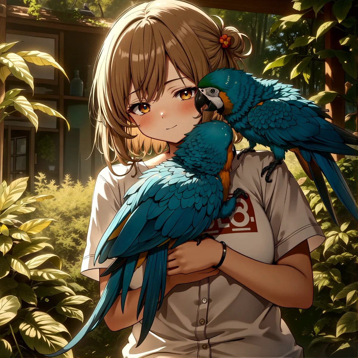 a young woman with short blonde hair holds a blue parrot close to her chest surrounded by lush greenery and a building in the background with warm sunlight filtering through the leaves 