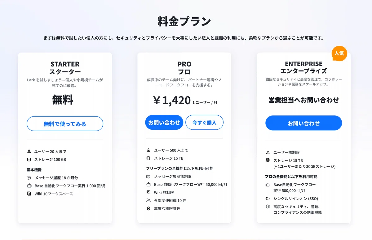 Lark 有料プラン 無料 機能比較 アプリ アカウント 登録