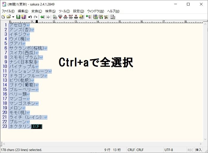 テキストファイルサンプルのデータを全選択