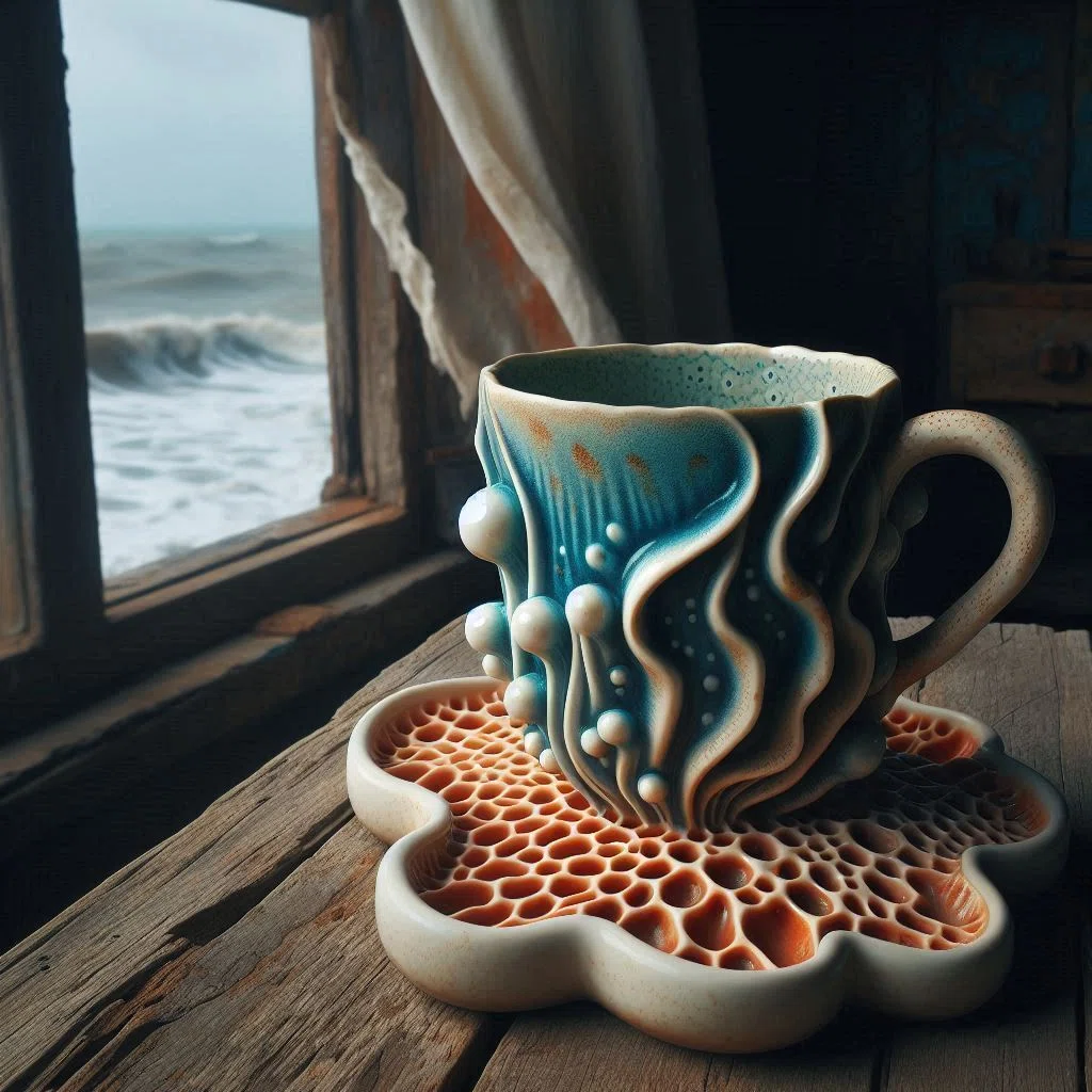 カップ de 陶器、釉薬、青、クリーム、橙 @Image Creator & ImageFX＋