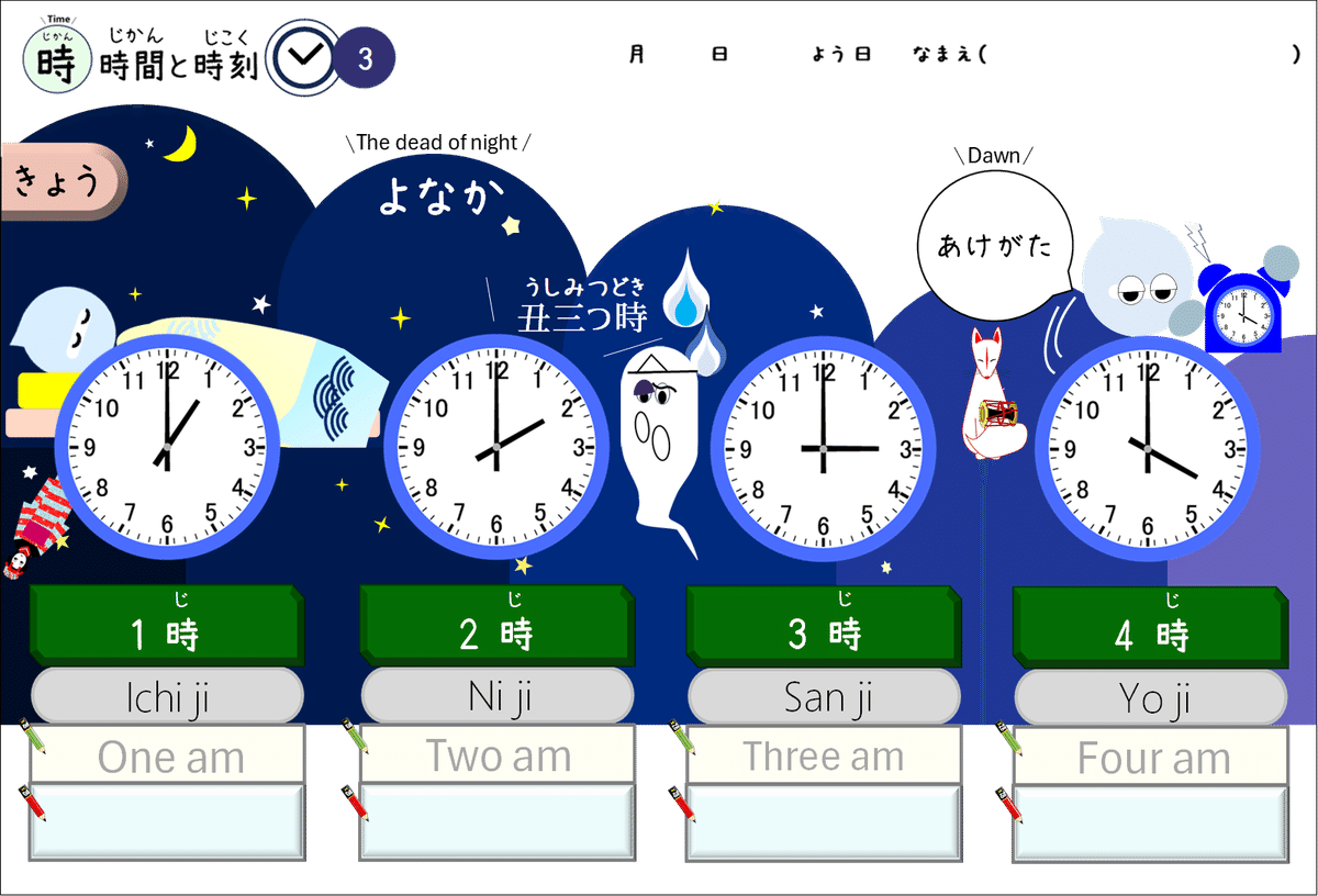 時間と時刻2」時計のよみかた｜こどものにほんご｜Ise-roku