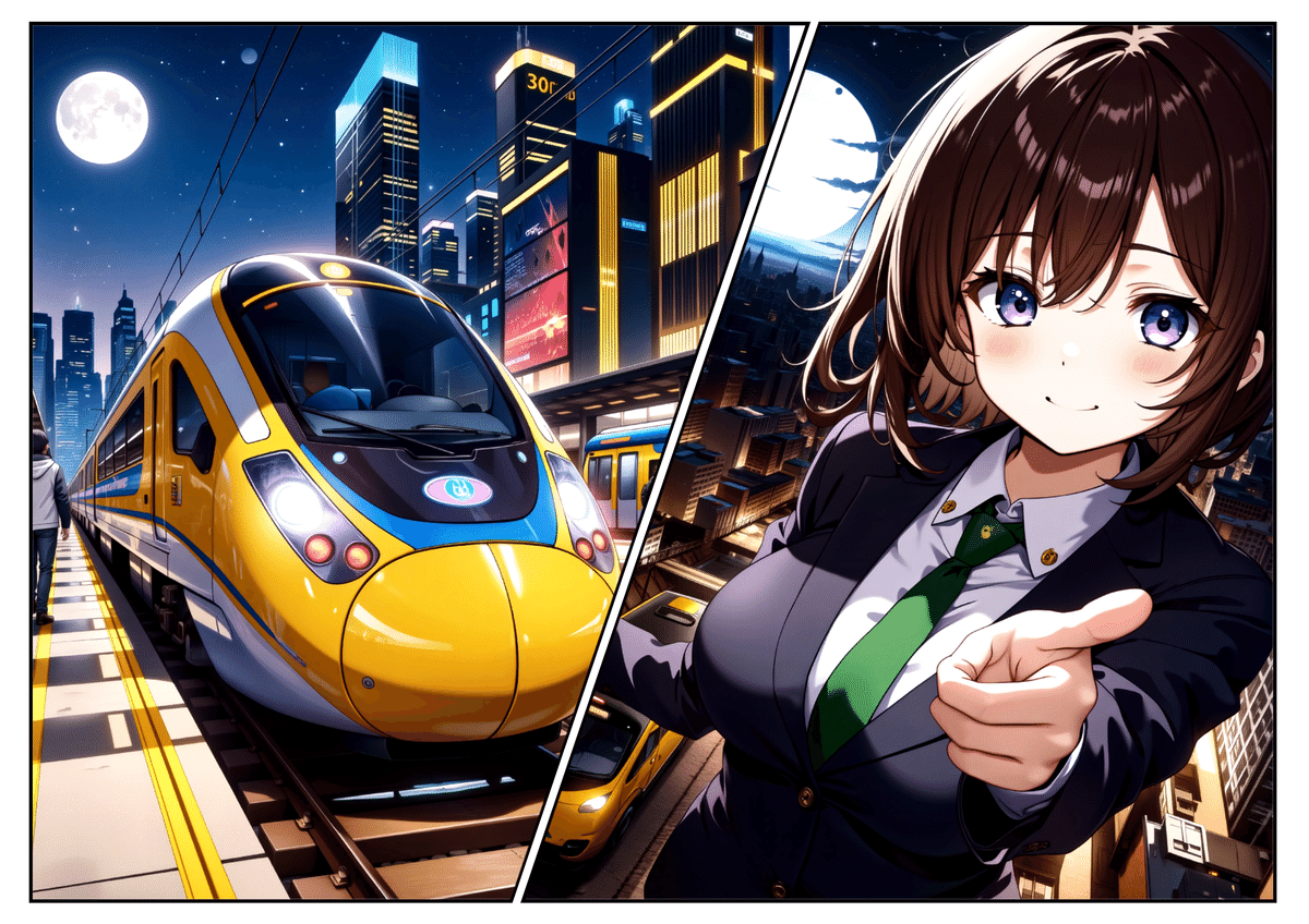 Manga Illustration of A woman in a business suit pointing at a train at night with a cityscape in the background