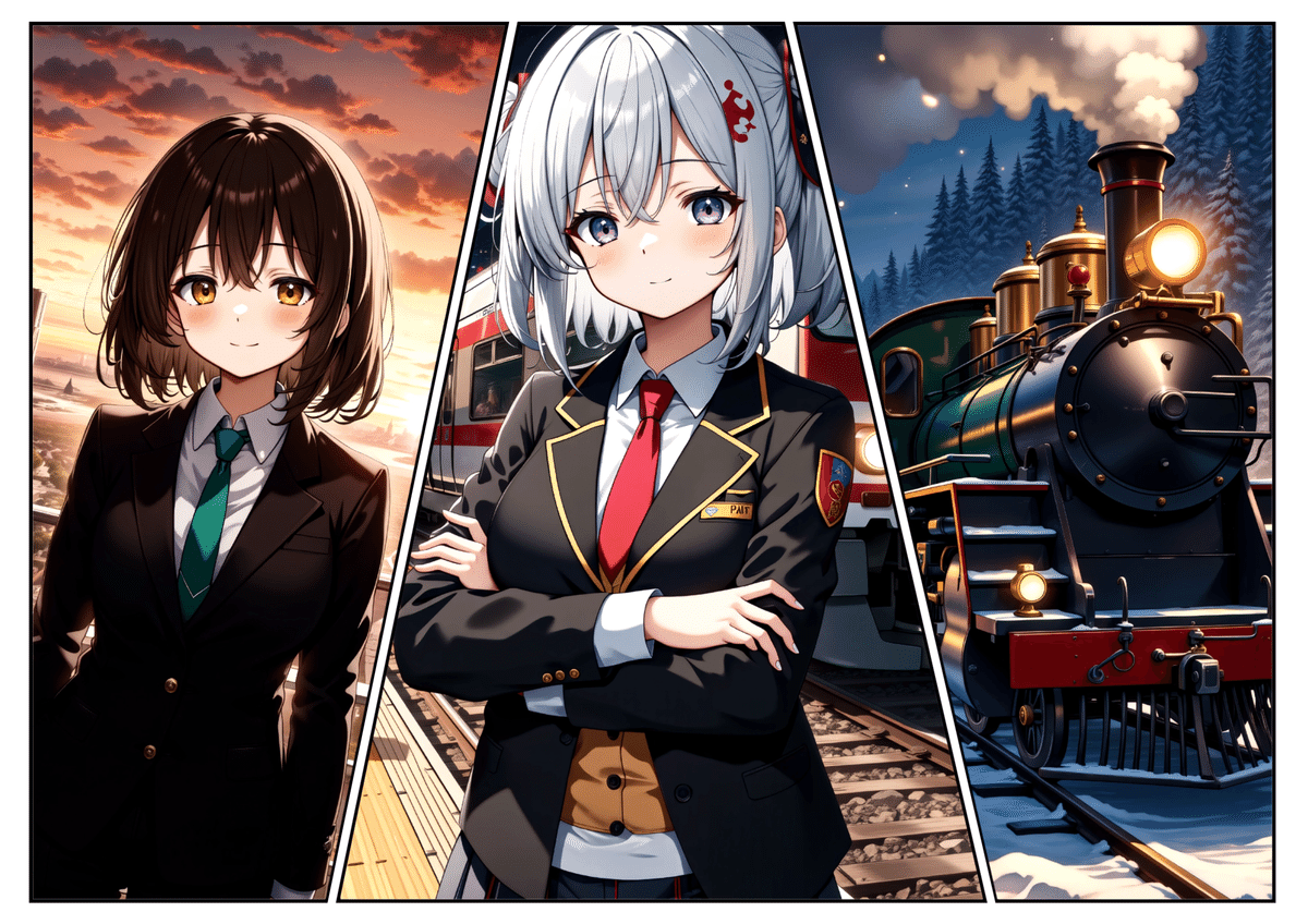 Manga Illustration of Three anime characters in school uniforms standing in front of a train at sunset