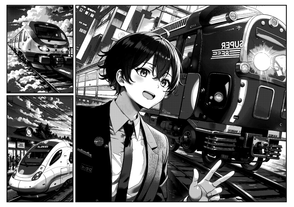 Manga Illustration of A black and white illustration of a young woman in a suit making a peace sign while standing in front of a train black and white