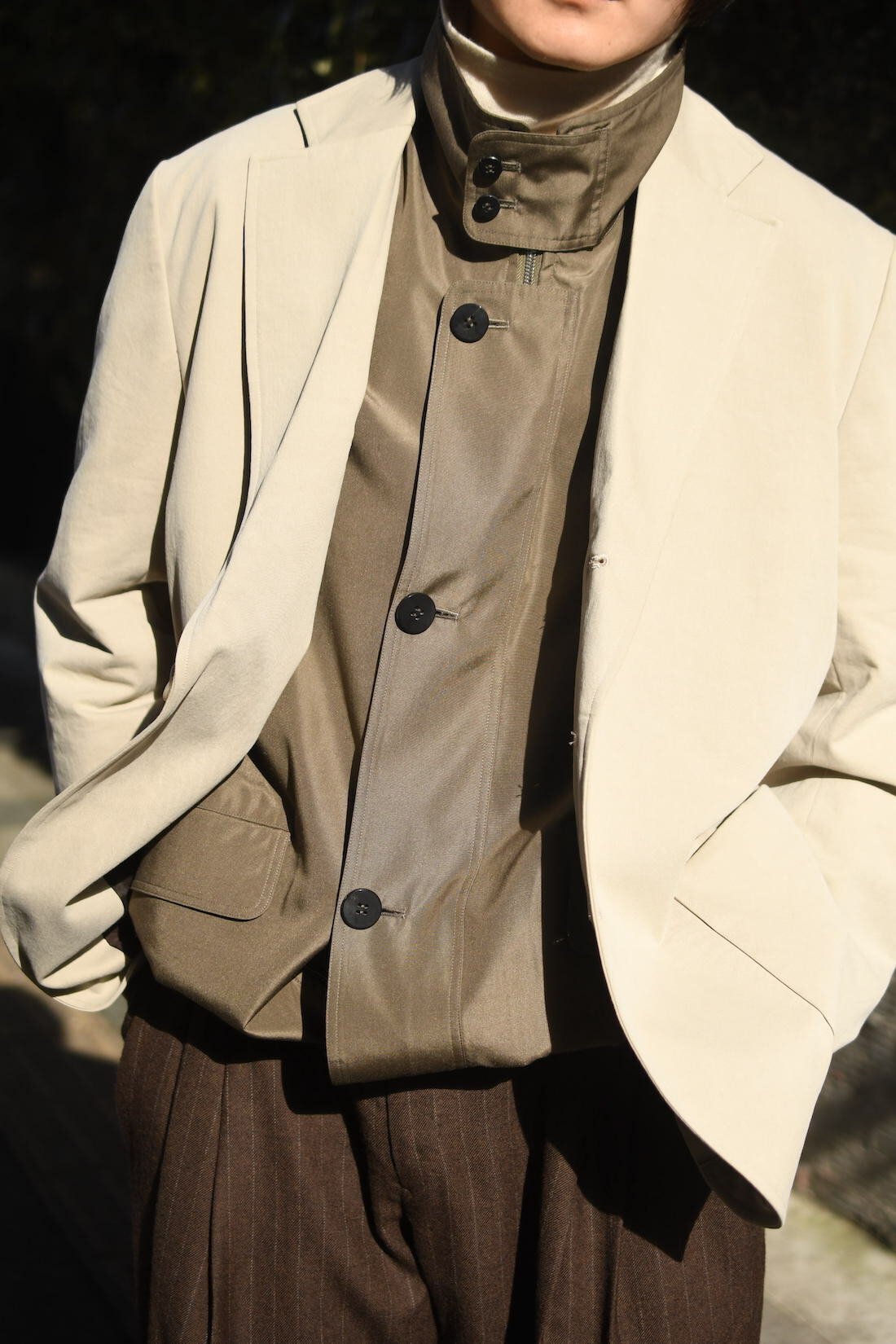 ジャケット・アウター Cale Silk Military Blouson Khaki Cale 