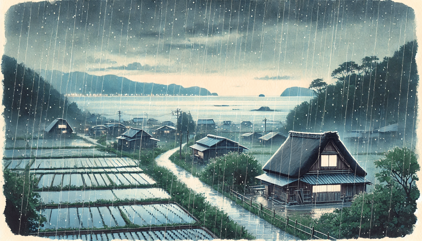 雨降る夜、海が見える田舎の風景でAIアート！｜マジー田中(自称