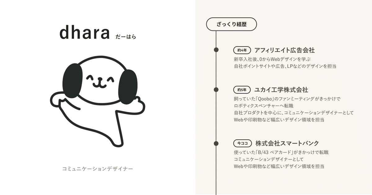 コミュニケーションデザイナー dhara（だーはら）のざっくり経歴。1社目：約四年アフィリエイト広告会社に新卒入社後、0からWebデザインを学び、自社ポイントサイトや広告、LPなどのデザインを担当。2社目：飼っていた「Qoobo」がきっかけでロボティクスベンチャーのユカイ工学株式会社へ入社。自社プロダクトを中心に、コミュニケーションデザイナーとしてWebや印刷物など幅広いデザイン領域を担当。3社目：使っていた「B/43 ペアカード」がきっかけで株式会社スマートバンクにコミュニケーションデザイナーとして入社。Webや印刷物など幅広いデザイン領域を担当。