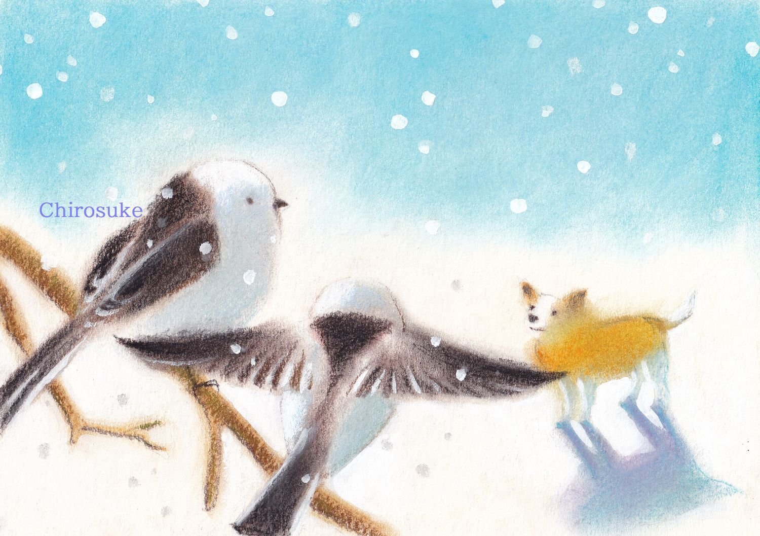 シマエナガの日 水彩画とパステル画｜ちろ