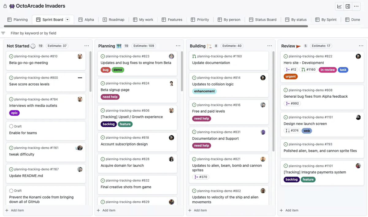 GitHub ProjectsのKANBAN Viewのスクリーンショット。