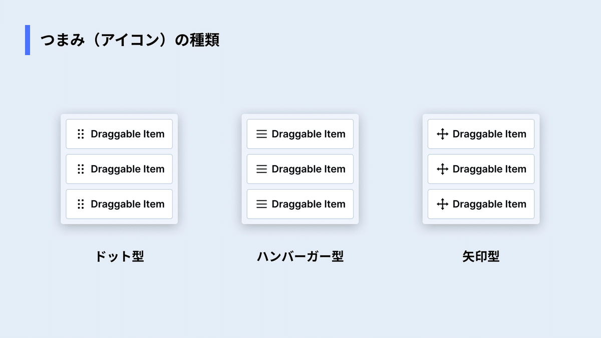 つまみ(アイコン)の種類の画像。ドット型・ハンバーガー型・十字の矢印型が並んでいる。