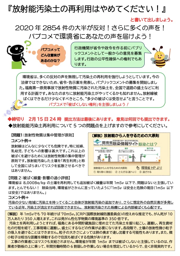 呼びかけ「『放射能汚染土の再利用はやめてください!』と書いて出しま