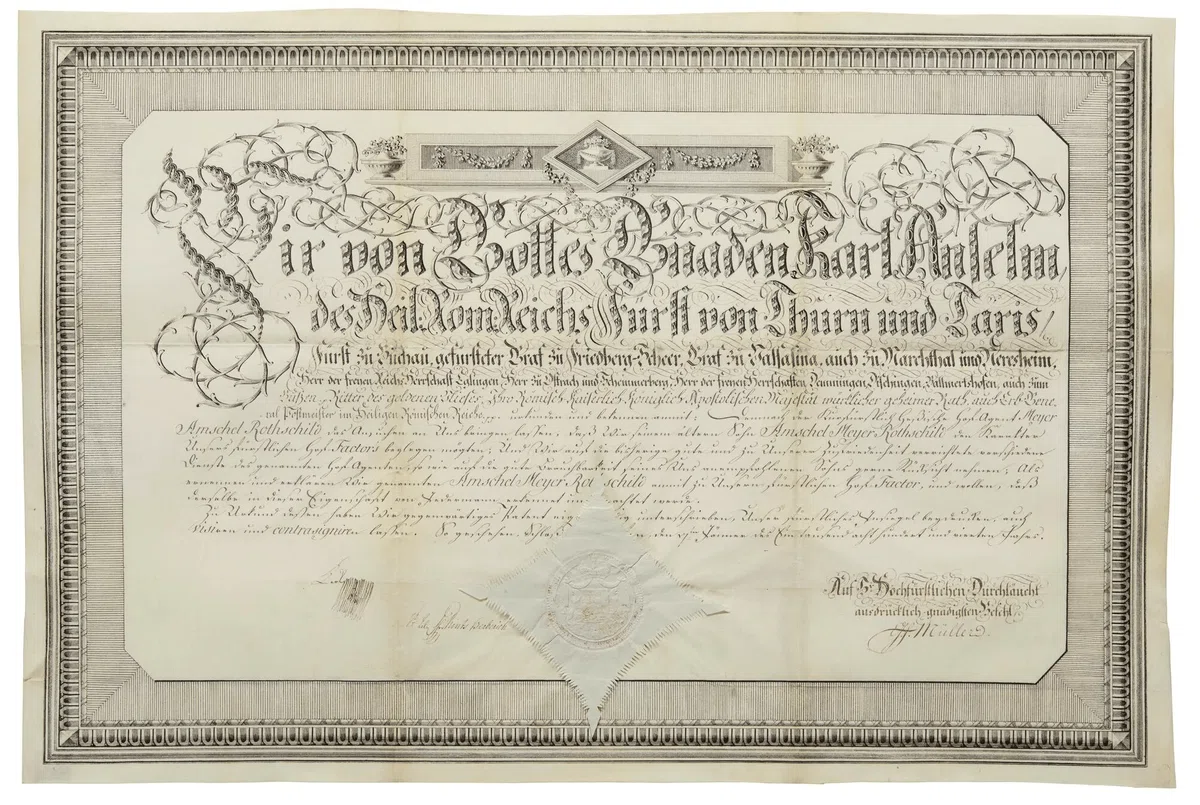 1804年、長男アムシェルがトゥルン・ウント・タクシス侯の宮廷商人に任命された証