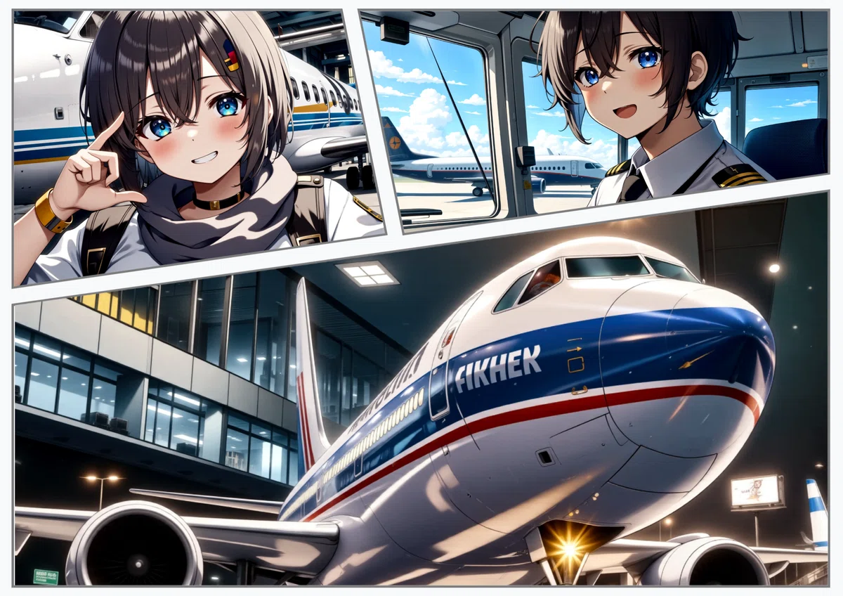 Anime manga illustration with an airplane and pilot drawn by blue_pencil-flux1 No1