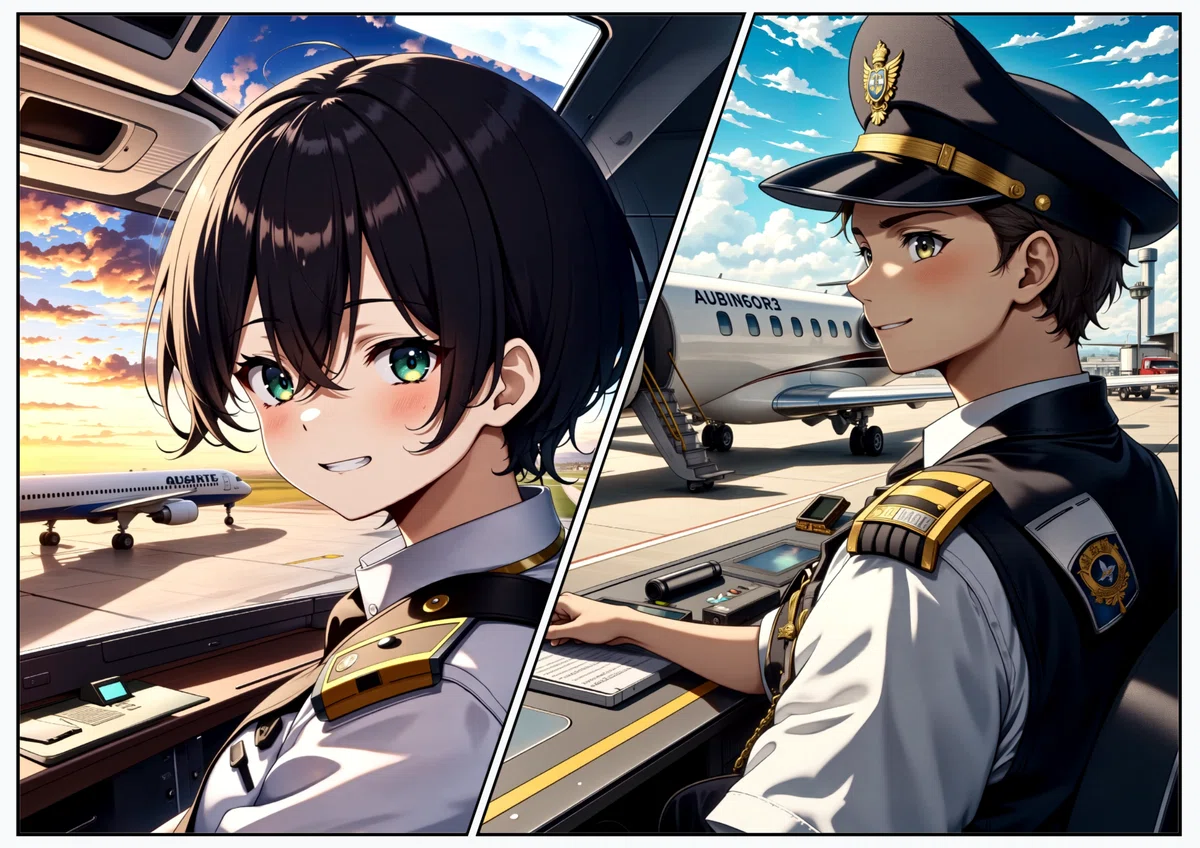 Anime manga illustration with an airplane and pilot drawn by blue_pencil-flux1 No2