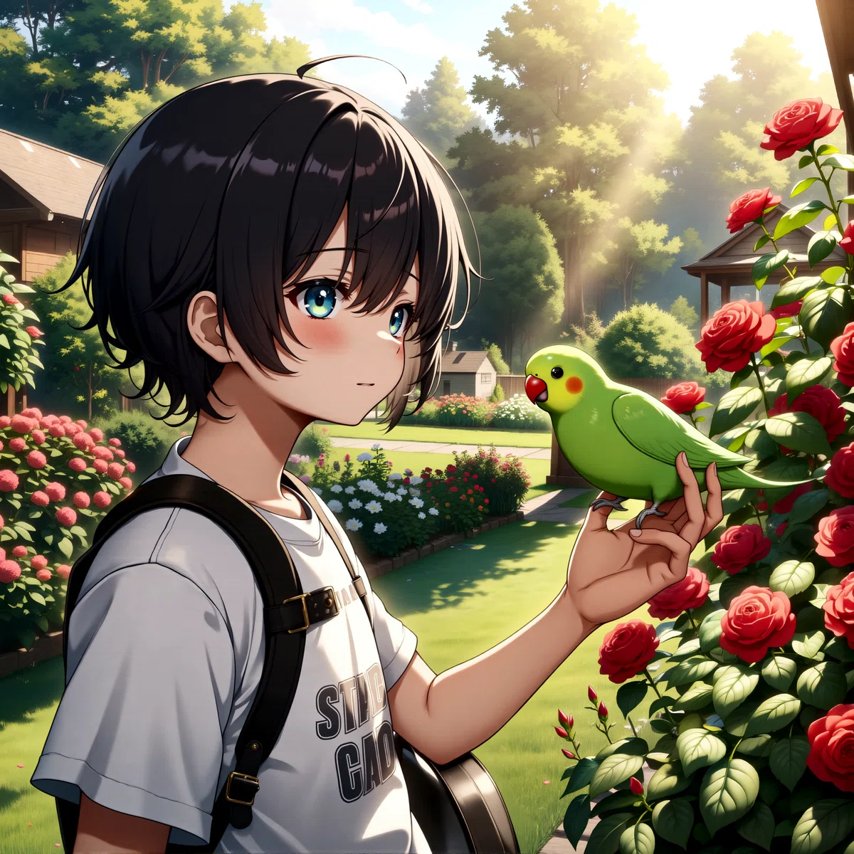 Anime-style digital illustration of a young girl with short black hair and blue eyes wearing a white t-shirt with the words STAR CHE printed on it standing in a garden with red roses