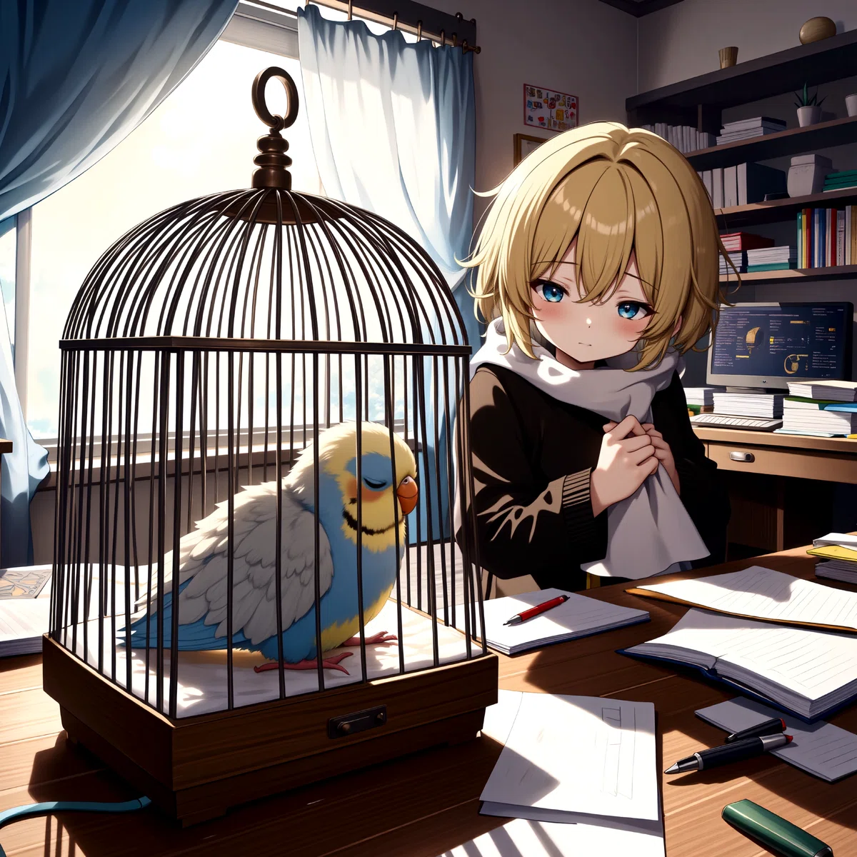 Anime-style drawing of a young woman with short blonde hair and blue eyes sitting at a desk in a classroom She is wearing a black sweater and a white scarf and is holding a piece of paper