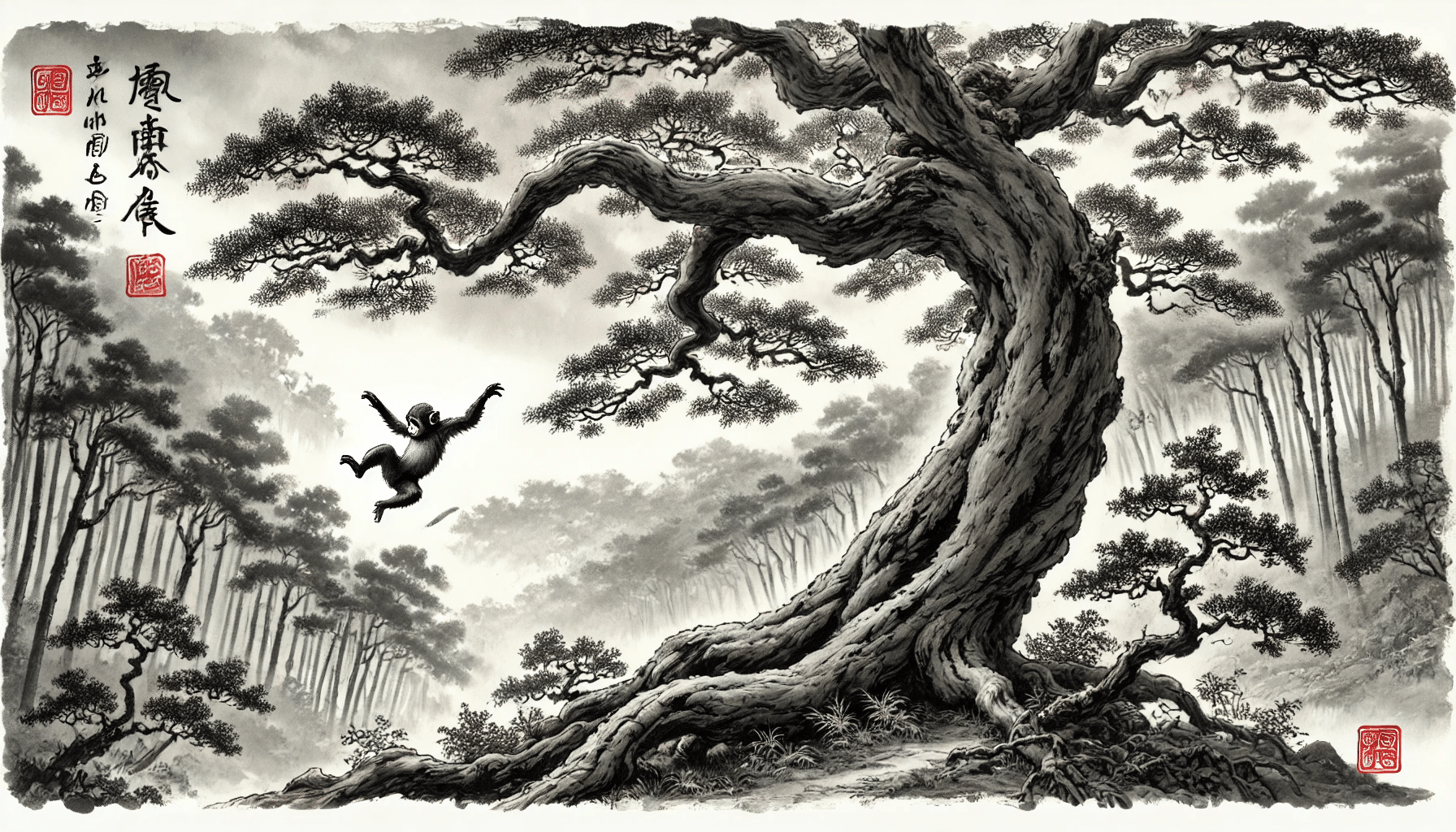 猿も木から落ちる」のことわざを水墨画的にAIアート！｜マジー田中