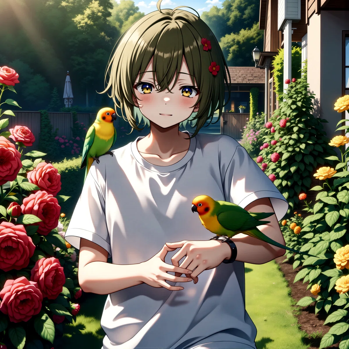 Anime-style digital illustration of a young boy with short light brown hair and a red flower in his hair wearing a white t-shirt standing in a garden with two parrots perched
