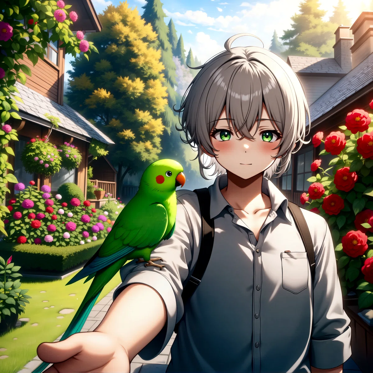 Anime-style digital illustration of a young man with short silver hair and green eyes wearing a white shirt with a pocket standing in a garden with a green parrot perched on his arm