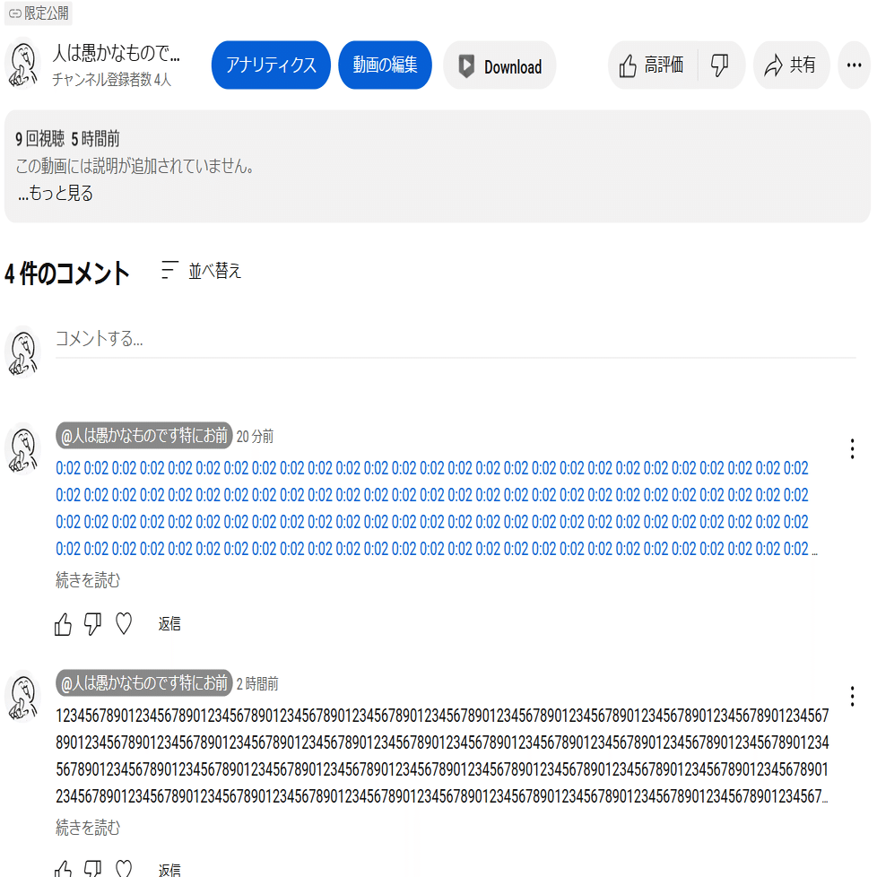Youtubeの動画・配信のアーカイブにおけるコメントの文字数の上限と